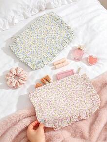 Cute Floral Print Makeup Bag With Pleated Edge Design,Large Capacity Handbag,Portable Zipper Storage Bag,Travel Storage Bag,Coin Wallet,Toiletries Bag - Multicolor - View 11
