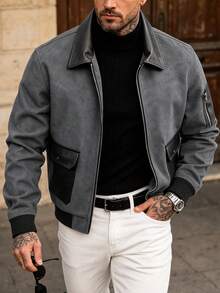 Men's Autumn/Winter Fashion Casual Jacket, Brown Minimalist Versatile Lapel PU Leather Jacket - Grey - View 1