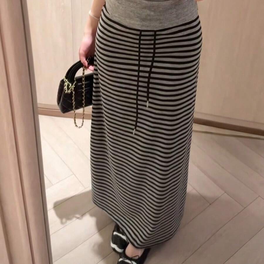 Women's Colorblock Striped Sexy High-Waist Drawstring Draped Long Skirt, Autumn Elegant Outfit, Pocket Slit A-Line Bodycon Skirt - Black - View 1
