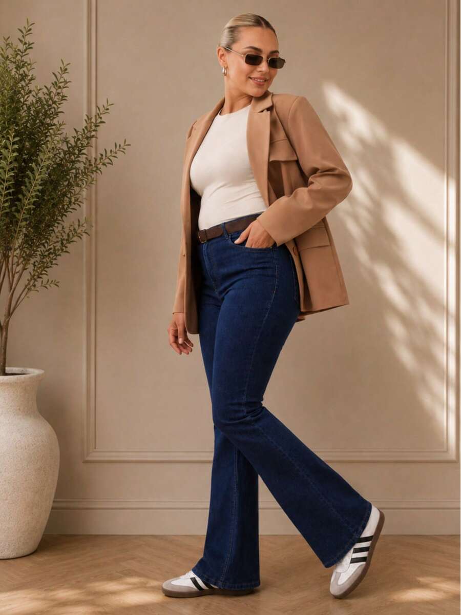 Push Up Tummy Hide High Waist Washed Blue Flare Leg Plus Size Woman Denim Jean - Navy Blue - View 1