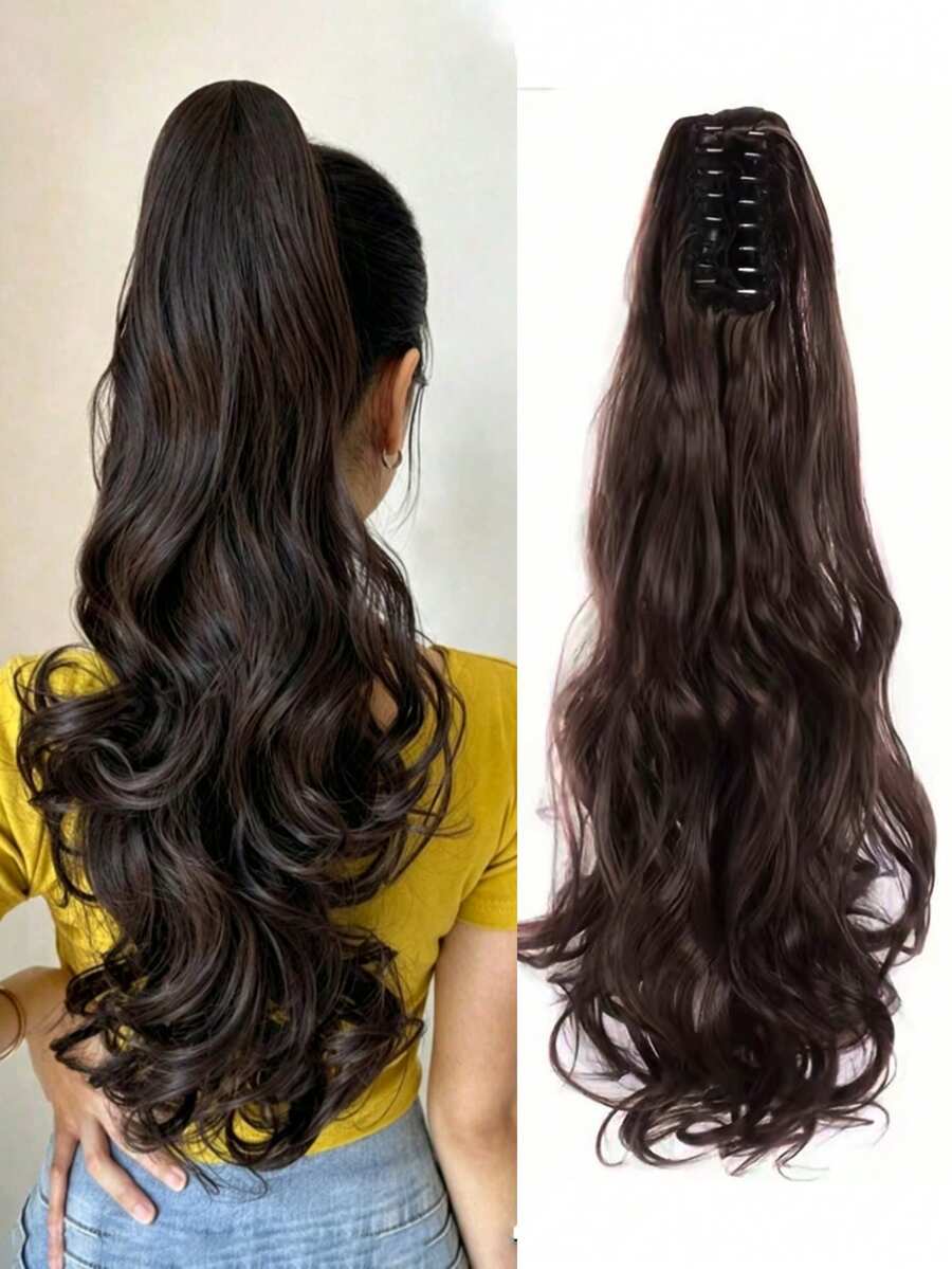 Ekstensi Rambut Ekor Kuda Bergelombang Sintetis Tahan Panas Jepit untuk Wanita, Hitam, Cokelat - MultiWarna - View 1