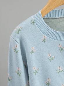 BYGOUBY Women's Autumn/Winter Ditsy Floral Knit Cardigan, Round Neck Front Button Long Sleeve Sweater, Casual Soft Knit Jacket - Blue - View 10