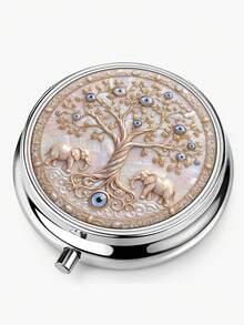 1pc Elephant & Blue Eye Tree Of Life Pattern Round Metal Pill Box, 3-Compartment Portable Storage Box, Pill Vitamin Small Accessory Organizer, Pocket Size, Home Outdoor Travel Carry, Durable, Compact Elegant Creative Gift - Multicolor - View 4
