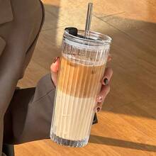 Ins Style Highly Attractive Transparent Coffee Iced Americano Latte Glass Cup Large Capacity With Lid And Straw Office Cup - Multicolor - View 3