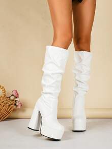 Women's Fashion Pleated Knee-High Chunky Heel Boots - White - View 5