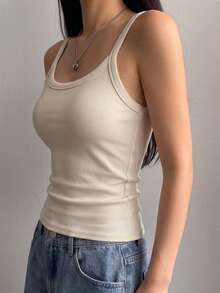 1pc Solid Color Ribbed U-Neck Spaghetti Strap Tank Top, Women's Casual Sleeveless Slim Fit Basic Camisole For Daily Wear - Apricot - View 6