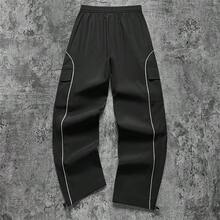 Black Side-Stripe Cargo Wide Leg Pants, Double Drawstring American Streetwear Loose Straight Leg Casual Long Pants For Men - Black - View 4