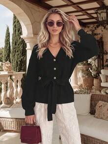 NiceArt V-Neck Cinched Waist Ribbed Knit Cardigan, Winter Vintage Casual Black Gold Button Tie Waist Long Sleeve Sweater Jacket, Autumn Outfit, Halloween - Black - View 9