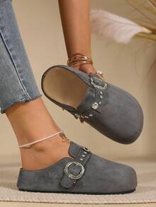 Sandal đế xuồng đế dày mũi kín nửa gót màu trơn đính đinh tán, kiểu xỏ chân thời trang, mặt trên da lộn, tăng chiều cao, phù hợp đi ngoài trời và đi làm hằng ngày - Xám - Xem 1
