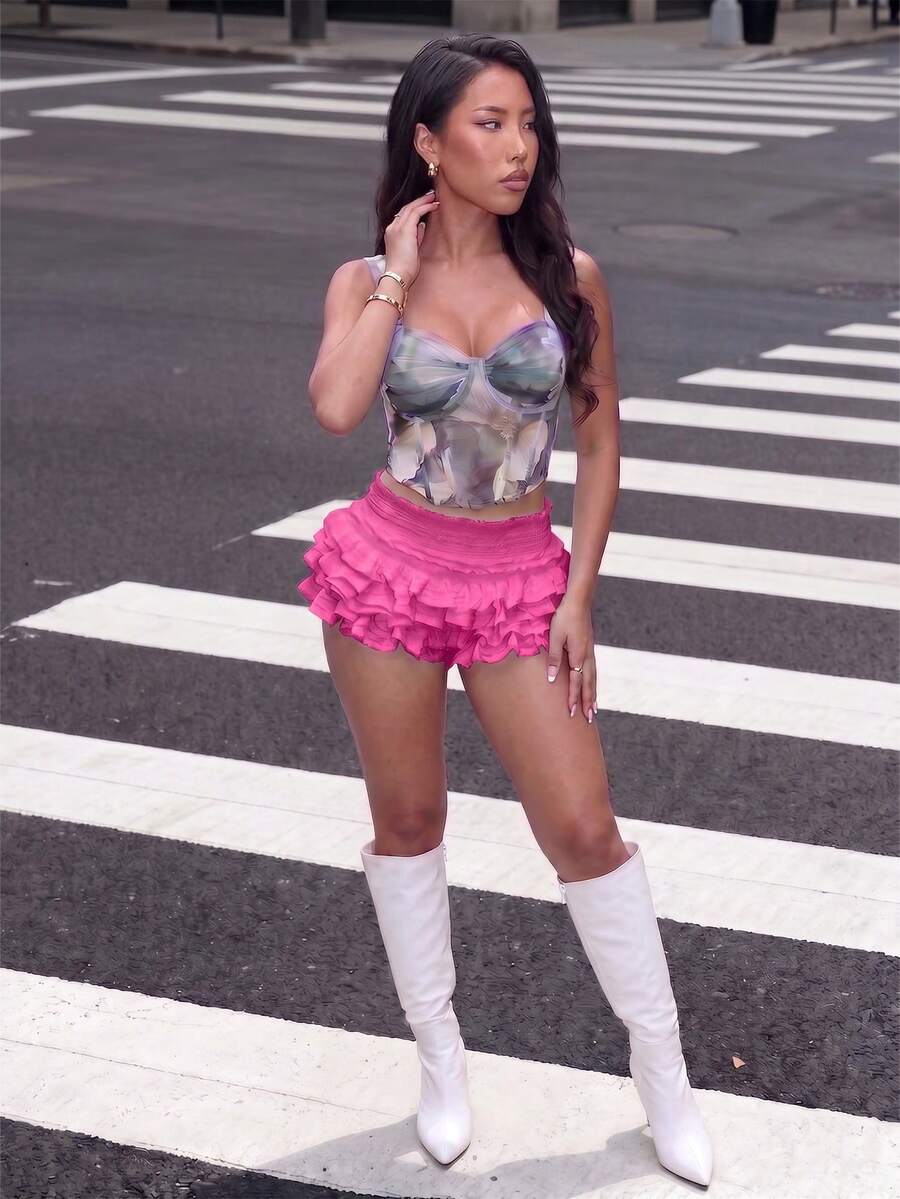 Pantalones cortos con volantes de unicolor, versátiles y cómodos, pantalones cortos sexy para mujer en verano - Rosa Fucsia - Ver 1