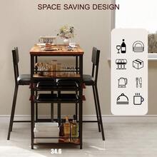 Space-Saving Industrial Dining Table Set For 2 – Upholstered Chairs, Metal Frame, Open Storage Shelves, Integrated Glass Holder – Counter Height For Restaurants, Cafés, Small Apartments - Retro Color - View 4