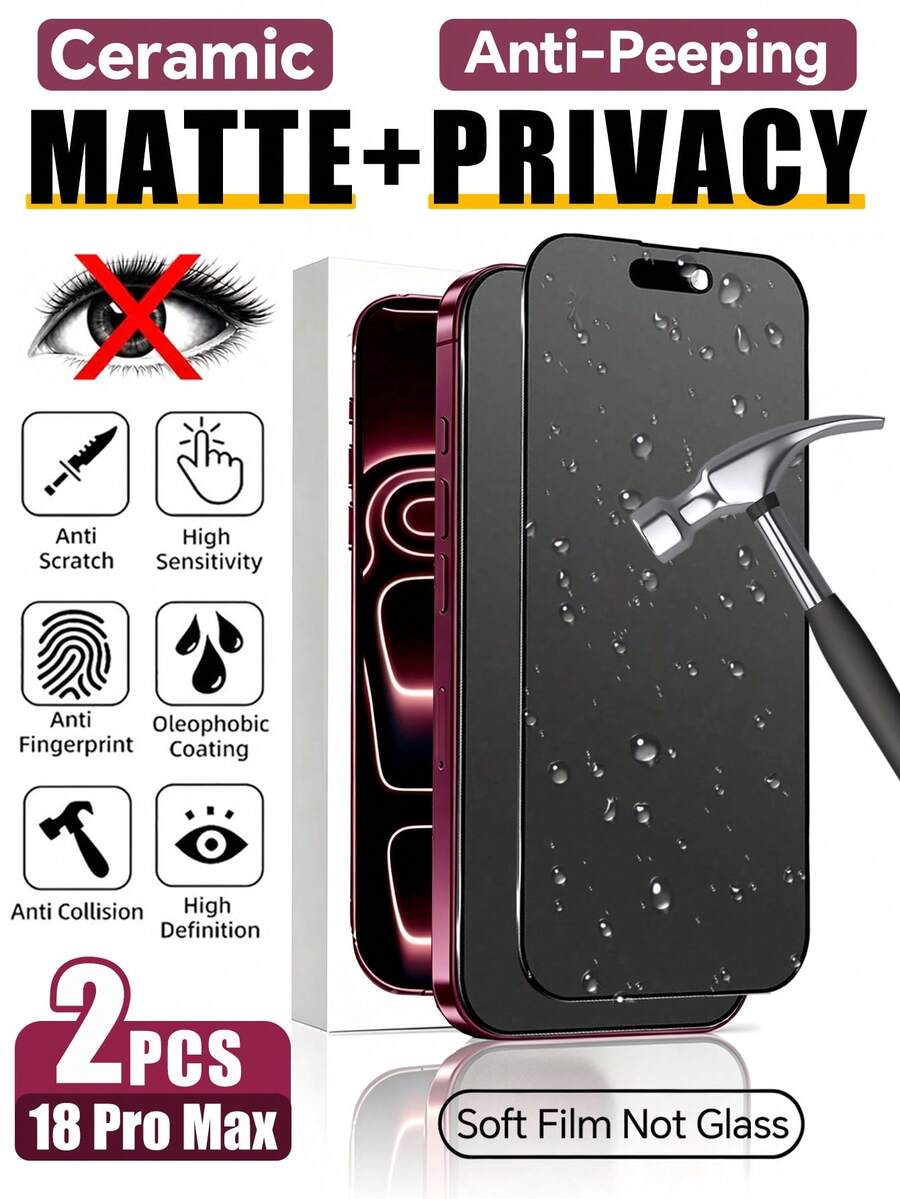 2pcs Privacy Anti-Spy Matte Screen Protector, Full Coverage, Smooth Touch, Anti-Fingerprint, Glare-Resistant, Easy Installation, Compatible With IPhone 17 Pro Max/17 Pro/17 Air/17/16E/16 Pro Max/16 Pro/16 Plus/16/15 Pro Max/14 Pro Max/13 Mini/12/11/XS MAX/XR/8+/7 Plus Series