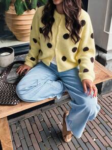 Women's Autumn/Winter Comfortable Warm Daily Fun Polka Dot Contrast Color Design Street Style Cardigan Sweater - Yellow - View 3