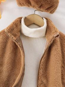Tween Girls Autumn/Winter Stand Collar Plush Zip-Up Cardigan With Matching Beret Casual Jacket - Brown - View 5