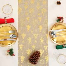 1PC Faux Linen Christmas Gold Foil Table Runner, Polyester Fabric, Christmas Table Decor, Winter New Year Scene Decoration Table Runner - Khaki - View 6