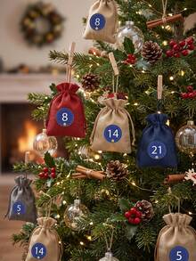 24Pcs 24Days Christmas Advent Calendar Bags Countdown, Burlap Drawstring Gift Sacks With Number Stickers Wooden Clips & Rope, Xmas 24‑Day Countdown Treat Pouch For Holiday Party Decor Gift Storage - Multicolor - View 5