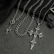 3pcs Vintage Gothic Punk Style Star & Shooting Star Stainless Steel Cross Layered Necklace Set, 3-Layer Clavicle Chain Y2K European & American Style Necklaces For Women - Silver - View 2