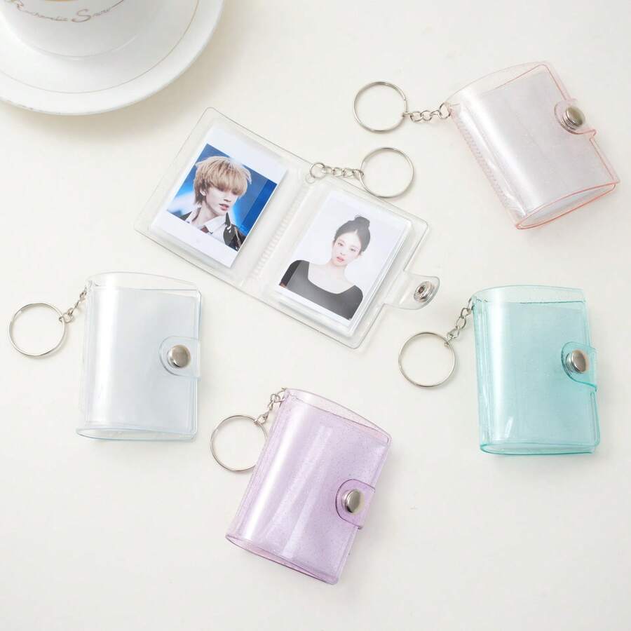 1pc (Holds 20 Photos) Mini Glitter Transparent Photo Album Keychain, Portable Photo Card Storage Book, Snap Button Design, Idol Photo Collection, Pendant Decoration, Cute Portable Photo Storage Card Holder - A - View 1
