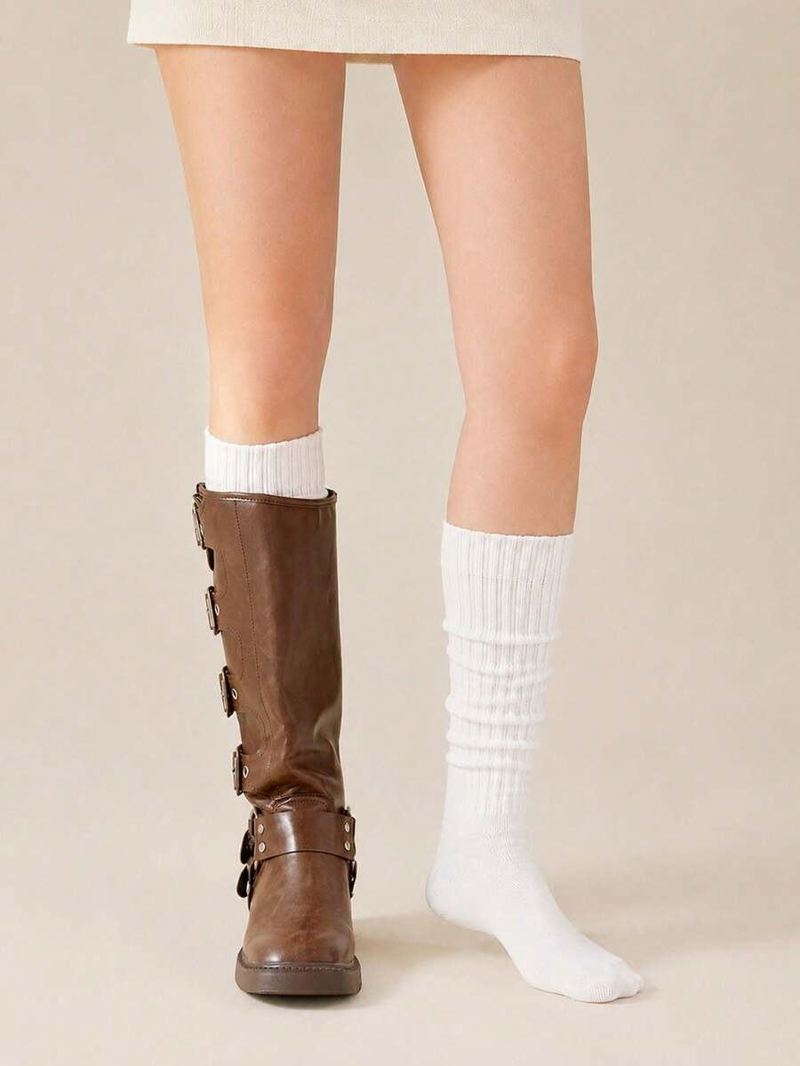 1/2/3 Pairs Slouchy Over-Knee Socks – Solid Black/White Design. Effortless Street Style For Boots, Loafers, Festivals & Wedding Season. - Multicolor - View 1
