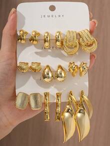 6-18pcs Gold Women's Earrings Set, Metallic Exaggerated Multi-Element Fashion Elegant Earrings, Hypoallergenic Lightweight CCB Material, Suitable For All Seasons - Gold - View 6