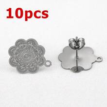 10pcs Stainless Steel Vintage Hollow Floral Pattern Gold Earring Studs Base, Suitable For DIY Jewelry Making Bohemian Style Fashion Elegant Pendant Earring Accessories - Stainless Steel Earrings - View 14