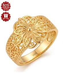 1pc Elegant Gold 925 Sterling Silver Ring, Exquisite Carved Hollow Craftsmanship, Size 7-11, Suitable For Daily Wear, Comes With Gift Box - Gold - View 1