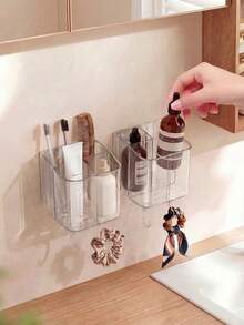1pc Transparent Toothbrush Holder, Divided Wall-Mounted Storage Rack, Multi-Functional Bathroom Storage Accessory, Creative Drill-Free Bathroom Organizer, For Storing Toothbrush Tools, Combs And Razors, Home Bathroom Decor - Clear - View 4