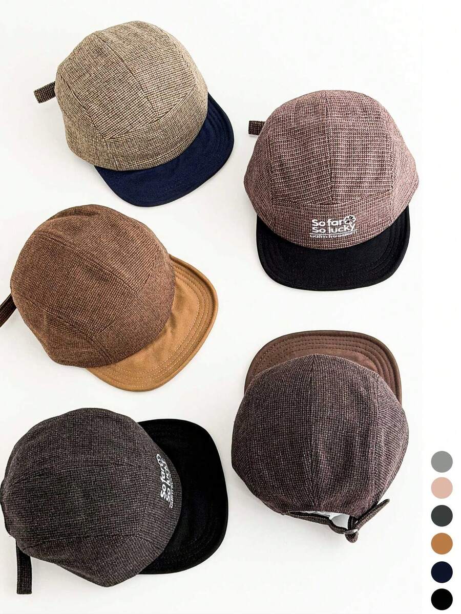 1pc Letter Embroidered Soft-Brim Baseball Cap Unisex Fall Winter Wool-Blend Spliced Peaked Hat Casual Street Baseball Cap - Wool Plaid Short Flat Brim - View 1