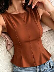 1pc Solid Color Knit Fabric Ruffle Trim Casual Top, Summer - Brown - View 6