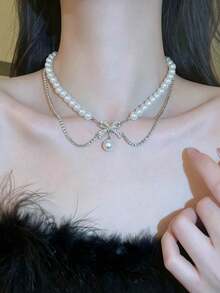 1pc Exquisite Pearl Beaded Bow Necklace, Suitable For Daily Wear, Fashion Necklace Accessory For Parties, Birthday Gift Necklace For Girlfriend - Silver - View 4
