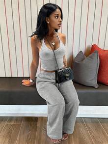 LovelyWholesale Women'S Casual V-Neck Rib Knit Tank Top And Drawstring Pants Two Pieces Set Fall Outfits Four Season Clothes For Women Elegant - Grey - View 2