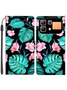 Floral & Leaf Pattern Wallet Phone Case, Artificial PU Leather Card Holder Phone Shell, Couple & Friend Gift, With Lanyard - Multicolor - View 1