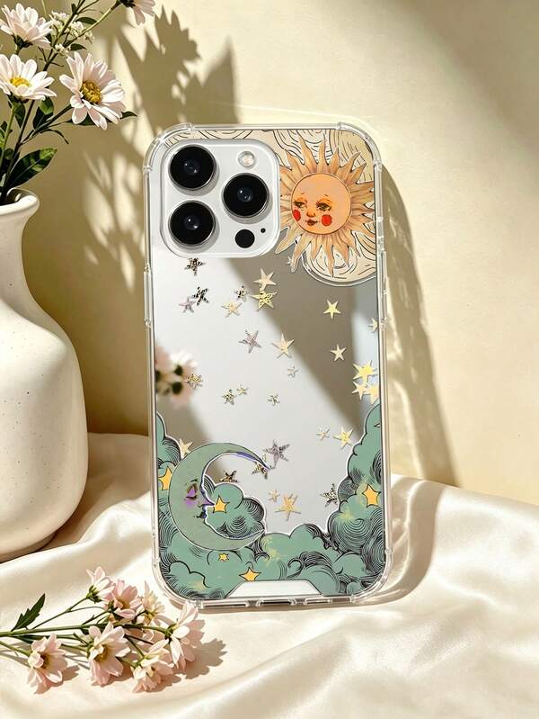 Vintage Celestial Mirror Phone Case Cute Sun Face Moon Stars Cloud Aesthetic With Finger Ring Holder Soft Transparent Shockproof Cover Compatible With IPhone & Galaxy/A54/A14/A12/A13/A15/A32/A33/A24/A52S/S20/S21/S22/S23/S24/S23Plus/S24ultra/S25/A33/A23/A07/A17/S26/A56/A57
