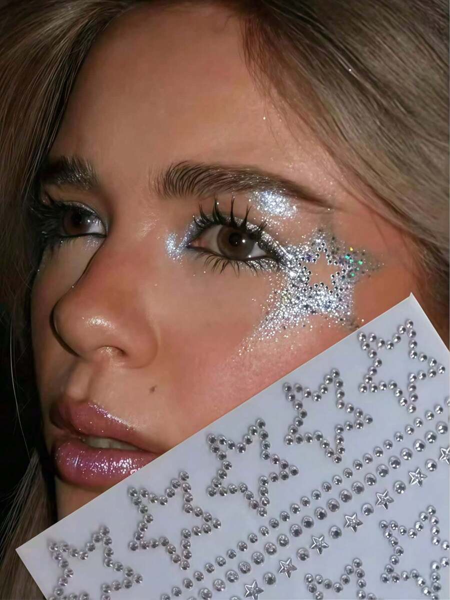 1 Sheet 10pcs Star-Shaped Rhinestone Stickers, Silver Glitter Sequin Self-Adhesive Crystal Star Stickers, Suitable For Face, Hair, Makeup, Body, Crafts, Holiday Decoration - White - View 1