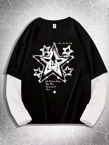 Men's Spring/Autumn 2 In 1 Long Sleeve T-Shirt, American Retro Graffiti Star Streetwear Base Layer Top - Black - View 4