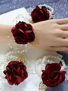 1PC/6PCS Elegant Navy Blue Rose Korean Style Silver Leaf Beaded Elastic Pearl Wrist Decor Flower - Navy Blue - View 6