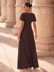 Elegant Chiffon Long Bridesmaid Dress, Round Neck, Ruffle Short Sleeves, Ruffle Hem, Multi-Layer Waist Design - Chocolate Brown - View 4