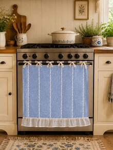 Farmhouse Linen Oven Curtain, Tie Design Stove Decor Cover With White Vertical Chain Pattern & Ruffle Trim, Reusable Kitchen Oven Skirt, Multiple Colors Optional - Multiple Styles - View 13