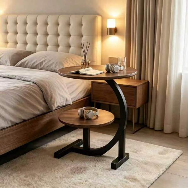 Kocoile Outdoor Round Side Table With Double-Layer Storage Shelves, Marble-Textured Faux-Stone Patio End Table, Sturdy Black Metal Frame, Weather-Resistant Side Table Ideal For Gardens, Balcony Coffee Corners.