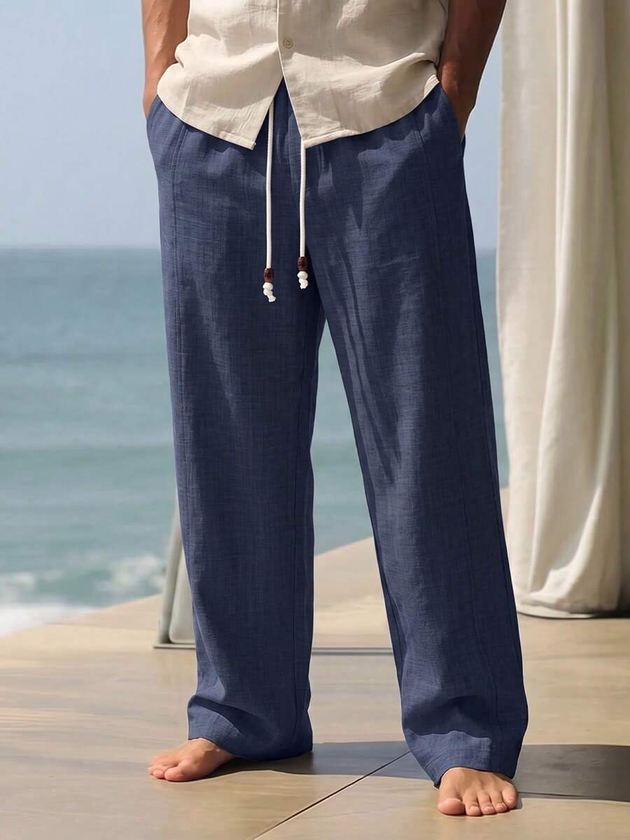 1pc Navy Blue Men's Faux Linen Touch Straight Leg Pants, Drawstring Elastic Waist Beach Pants, Vacation Style, Machine Washable, Loose Fit, Casual Lazy Men's Pants, Suitable For Summer Vacation Beach Outings, Style Runs Large. Please Size Down For A Better Fit - Navy Blue - View 1