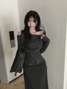 Women's Waist-Cinched Button-Up Long Sleeve T-Shirt, Open Shoulder Off-Shoulder Top, Autumn - Grey - View 3