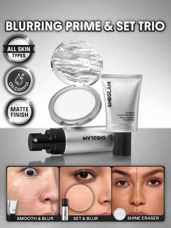 SHEGLAM [3 piezas] Conjunto de Blur Collection con Primer de Cámara, Bruma y Bálsamo Fijador