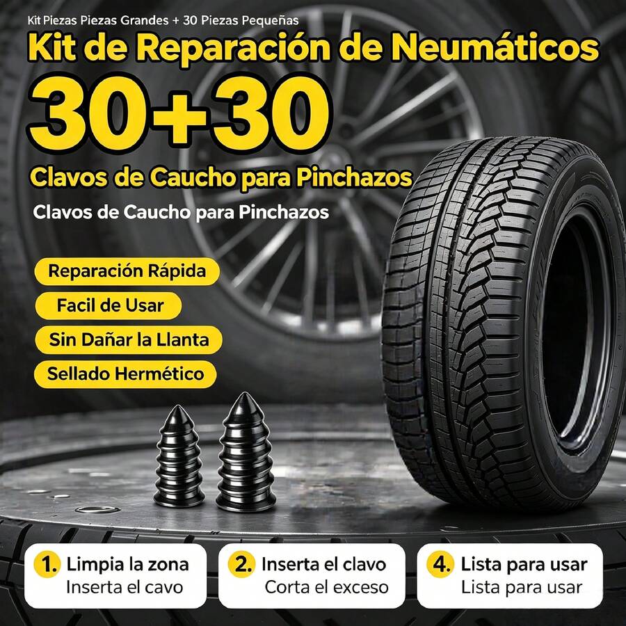 Kit de clavos de reparación de emergencia para neumáticos de coche y moto, 30 grandes + 30 pequeños, reparación rápida y sin daños para pinchazos de neumáticos