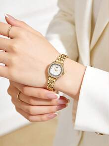 1pc Ladies' Octagonal Retro Quartz Watch, Gold Alloy Case With Rhinestone Bezel, Elegant Gold Alloy Strap, Suitable For Daily Wear And Gift Giving - White - View 5