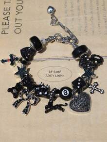 1pc Dark Leopard Cross Star Charm Bracelet, Heart Crown Bracelet, Star Dice Gothic Style Bracelet - Black - View 3