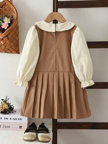 bearleader 3-7 Years Old Girls Academy Style Dress, Lapel Patchwork Long Sleeve Spring/Autumn Outfit - Khaki - View 2
