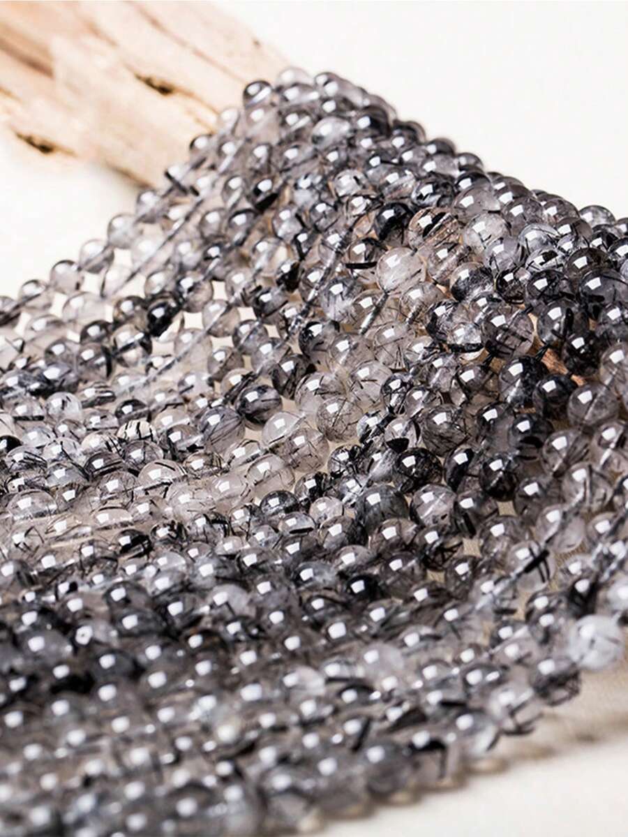 1 Strand Round Black Rutilated Quartz Natural Stones Loose Accessories Beads For Jewelry Making Bracelet Necklace Diy Clothing Decoration Making 3 4mm - Multicolor - View 1