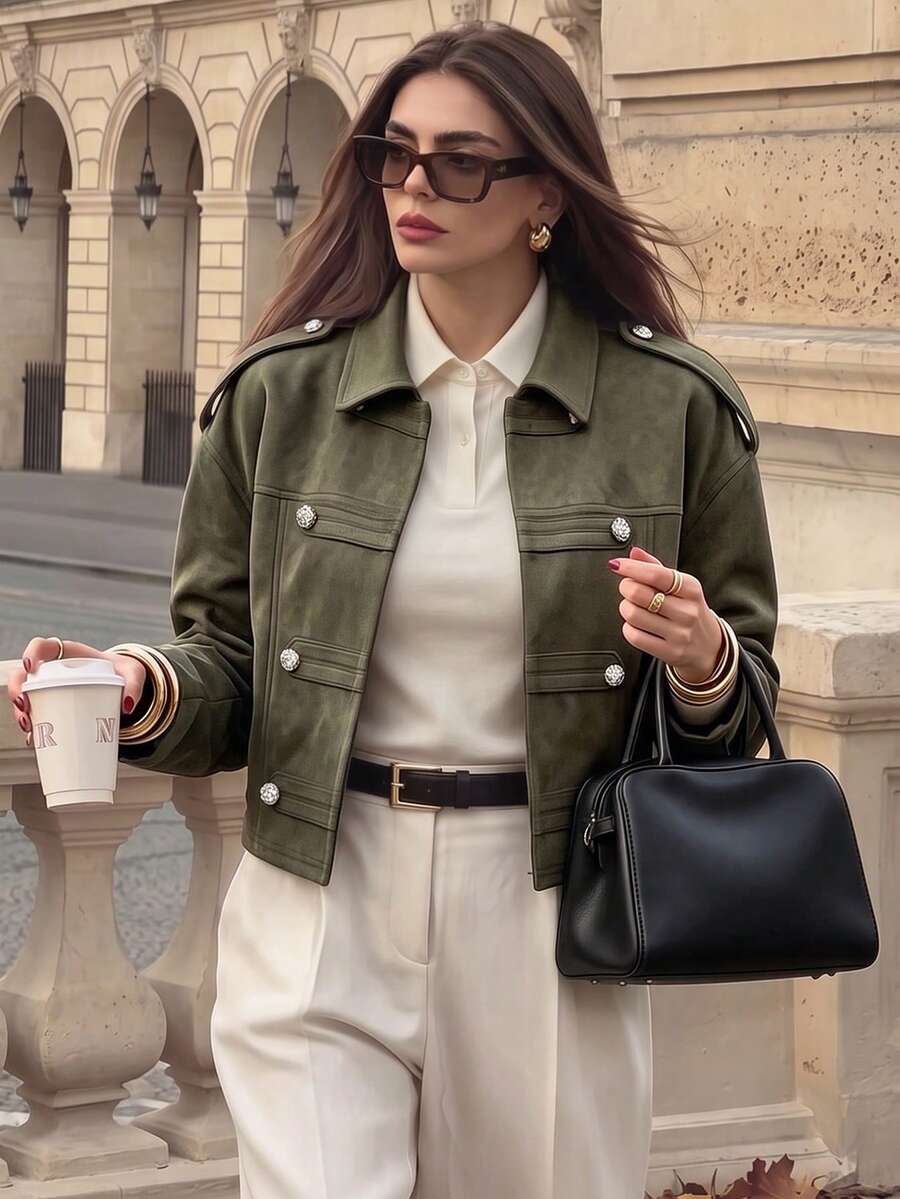 Women's Spring/Autumn Solid Color Vintage Loose Suede Jacket, Lapel Double-Breasted Short Coat, Urban Stroll Weekend Casual Top - Green - View 1