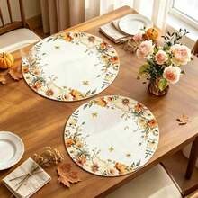 1/4/6pcs Autumn Collection Warm Orange Floral Butterfly Wreath Hand-Painted Pattern Placemats, Made Of Polyester Fiber, Suitable For Home Kitchen Table Decoration And Party Scene Decoration - Multicolor - View 3