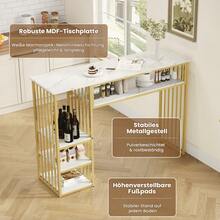 Bar Table With Storage, 140*40*105, High Table With Marble-Effect MDF Top, 3 Shelves And Black Metal Frame, Kitchen Counter For Kitchen, Dining Room And Breakfast Area. - White+Gold+MDF+Metal - View 10